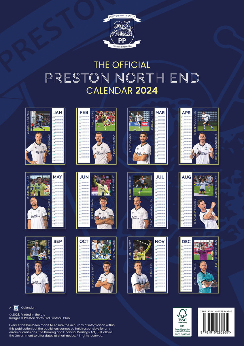 Preston North End FC Official 2024 A3 Lilywhites Football Wall Calenda ...